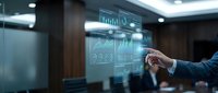 Businessman analyzing financial data on futuristic holographic display with charts and graphs in modern office environment for business analytics.