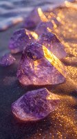 Raw amethyst crystals illuminated by golden sunlight with magical sparkles and bokeh effects creating mystical atmosphere against purple twilight background.