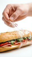 Hand wrapping fresh sandwich with plastic film, showing food preparation and packaging for takeout, delivery, or storage purposes.