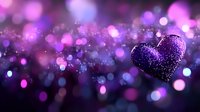 Glittering purple heart shape against dark background with magical bokeh lights and sparkles, romantic Valentine's day concept for greeting cards and designs.
