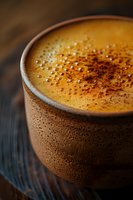Golden turmeric latte topped with cinnamon in rustic ceramic cup on wooden surface. Macro shot captures foam bubbles and spice details in warm lighting.