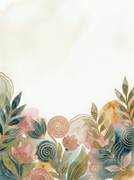 Watercolor floral border with gold line art, soft pink and green leaves, flowers, and spirals on a light background for cards and invitations.