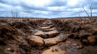 Dry cracked soil with deep erosion furrow under dramatic cloudy sky, showing effects of drought and climate change on agricultural land.