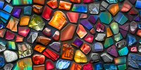 Vibrant mosaic pattern of colorful glass fragments creating an abstract background with jewel tones, perfect for decorative design projects and artistic compositions.