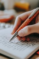 Close-up of hand holding orange patterned pen writing in notebook, shallow depth of field capturing intimate moment of creative writing or journaling.