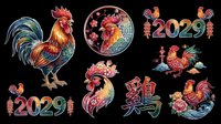 Rooster illustrations with 2029 text and Chinese character for chicken, isolated on transparent background. Ready for t-shirt design, clipart, stickers, sublimation, and print-on-demand products.