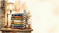 Stack of vintage books with brass lamp and dried botanicals on wooden table, warm watercolor aesthetic for library, education, and reading-themed designs.