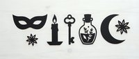 Black silhouette witchcraft symbols including mask, candle, key, potion bottle, crescent moon and stars on light textured background for Halloween designs.
