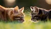 Two curious kittens face to face in green grass during golden hour, sharing tender moment with soft bokeh background, creating heartwarming animal photography scene.