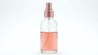 Clear glass spray bottle with rose gold metallic pump top filled with pink liquid fragrance, isolated on white background for cosmetic and beauty product design use.