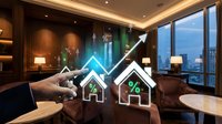 Luxury apartment interior with digital real estate investment icons showing upward growth trends and percentage symbols for property market analysis.