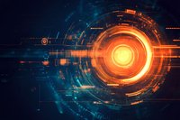 Futuristic orange and blue digital technology circle with glowing core and circuit pattern background for tech, security and AI concepts.