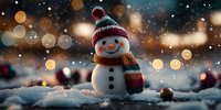 Cheerful snowman with knitted hat and scarf in snow against blurred festive bokeh lights during winter holiday season.