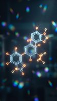Glowing molecular structure with hexagonal rings and atomic bonds on dark background with colorful bokeh lights for scientific research presentations.