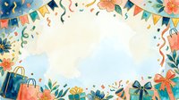 Festive flat lay composition with wrapped gift boxes, colorful bunting flags, and floral decorations arranged on cream background, ideal for celebration and party design projects.