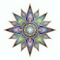Ornate star mandala with gold, purple, and teal decorative petals and intricate patterns, isolated on white background for design projects, textiles, and digital applications.