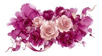 Watercolor roses in pink and purple tones with flowing ribbons and paint splashes on white background for romantic designs and floral decorations.