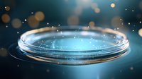 Glowing circular platform with magical sparkles and bokeh lights on dark blue background creates mystical atmosphere for product display or presentation.