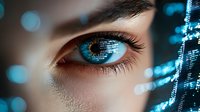 Close-up view of blue eye with digital code reflection and bokeh lights, representing artificial intelligence, technology innovation and digital transformation.