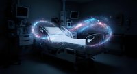 Modern hospital bed surrounded by glowing digital energy streams in futuristic medical facility for healthcare technology and innovation concepts.