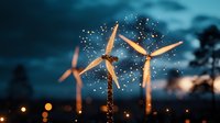 Illuminated wind turbines against dramatic night sky with magical sparkles and bokeh lights creating sustainable energy concept for environmental future.