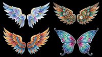 Four decorative wings set isolated on transparent background, ready for stickers, t-shirt design, sublimation, and print on demand clipart use.