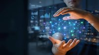 Businessman hands protecting glowing digital network connections with data analytics dashboard background for technology and cybersecurity concepts.