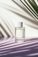 Elegant glass perfume bottle with palm leaf shadows creating minimal composition on white background. Natural sunlight casts purple-tinted stripes for luxury cosmetic styling.