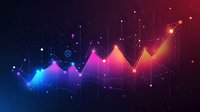 Futuristic glowing data visualization chart with ascending trend line on dark gradient background with digital particles and network connections.