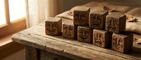 Wooden emotion blocks with carved facial expressions arranged on rustic table in warm sunlight for educational and therapeutic activities.