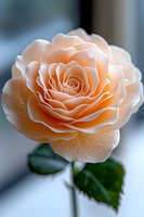 Delicate peach rose in full bloom with layered petals and soft bokeh background, showing detailed texture and gentle color gradients. Suitable for romantic designs.