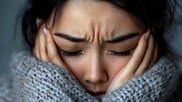 Young Asian woman with closed eyes expressing pain or discomfort, holding head in hands while wearing cozy gray knit sweater, showing signs of headache or migraine.