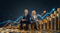 Successful business team sitting on golden coins with rising financial charts showing growth and prosperity in corporate investment concept.