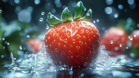 Fresh ripe strawberry with water drops and splash on dark background with bokeh lights, macro photography of fruit in motion.