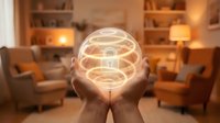 Hands holding glowing neon brain symbol in cozy living room with warm lighting, representing creativity, innovation, and intelligent thinking for business and technology concepts.