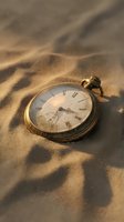 Vintage pocket watch buried in golden desert sand with dramatic lighting and dust particles creating mystical atmosphere for conceptual designs.