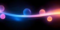 Glowing spheres floating along curved light beam against dark background with vibrant blue, pink and orange colors creating magical abstract composition.