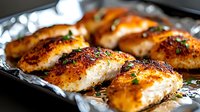 Grilled salmon fillets with crispy caramelized crust and fresh herbs on aluminum foil, close up view showing juicy texture and golden brown sear.
