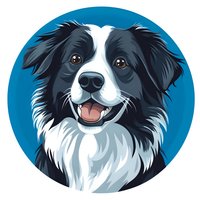 Smiling Border Collie portrait with black and white fur against blue circular background, friendly expression and alert eyes. Isolated design for pet products.