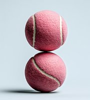 Pink tennis balls stacked on white background, isolated sports equipment ready for design use on apparel and promotional materials.