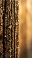 Morning dew drops on weathered wooden fence post with golden sunlight creating warm bokeh background for nature and outdoor concepts.