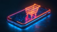 Glowing neon shopping cart on smartphone screen with blue and pink light effects against dark background, representing mobile commerce and digital retail.