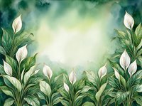 Watercolor peace lily frame with lush green leaves and white blooms on soft emerald background, copy space for text or design.