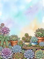 Watercolor succulent garden with potted plants on wooden shelf against pastel sky background for botanical design projects.