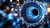 Glowing blue spiral tunnel with bokeh light effects creates mesmerizing abstract background pattern. Futuristic portal design with depth and luminous details.