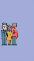 Diverse business team of three professionals standing together in minimalist line art style on purple background for corporate presentations.