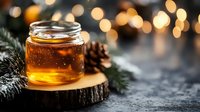 Golden honey in glass jar on wooden slice with pine branches and cones, warm bokeh lights creating cozy winter holiday atmosphere for seasonal cooking.