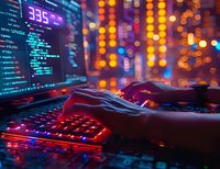 Programmer hands typing on illuminated keyboard with colorful code on screen. Software development and cybersecurity concept for tech presentations.