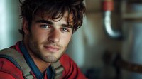 Young Hispanic male model with dark curly hair and stubble wearing red hoodie smiles confidently at camera in soft natural lighting, creating warm and approachable portrait.