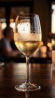 Glass of chilled white wine with condensation droplets on elegant stem in warm restaurant atmosphere with bokeh lights for dining and celebration.